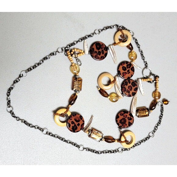 Beaded Belt Glass Acrylic Wood Chain Link Adjustable Silver Tone Leopard Vintage main image 11